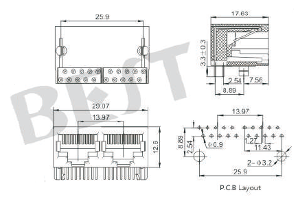 RJ45插座5631 8P8C 1x2参考图纸